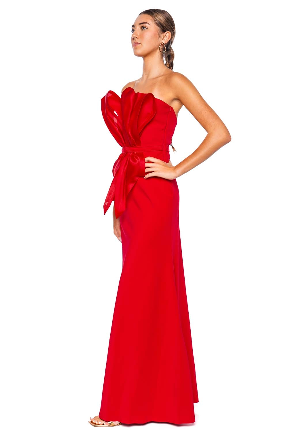 Andres Otalora Raquira Red Bow Strapless Maxi Dress