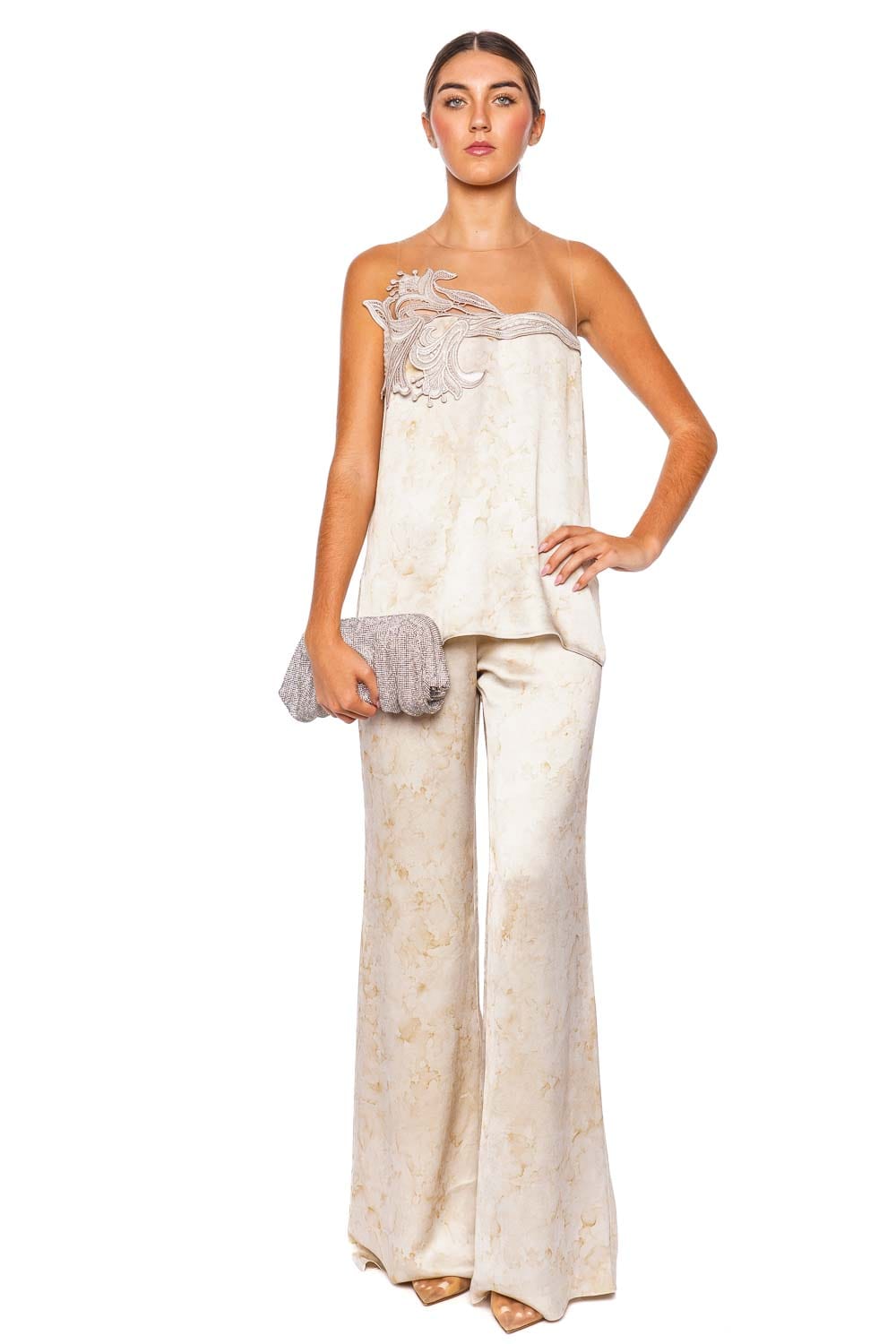 Silvia Tcherassi Palmero Cream Abstract Wide Leg Pant