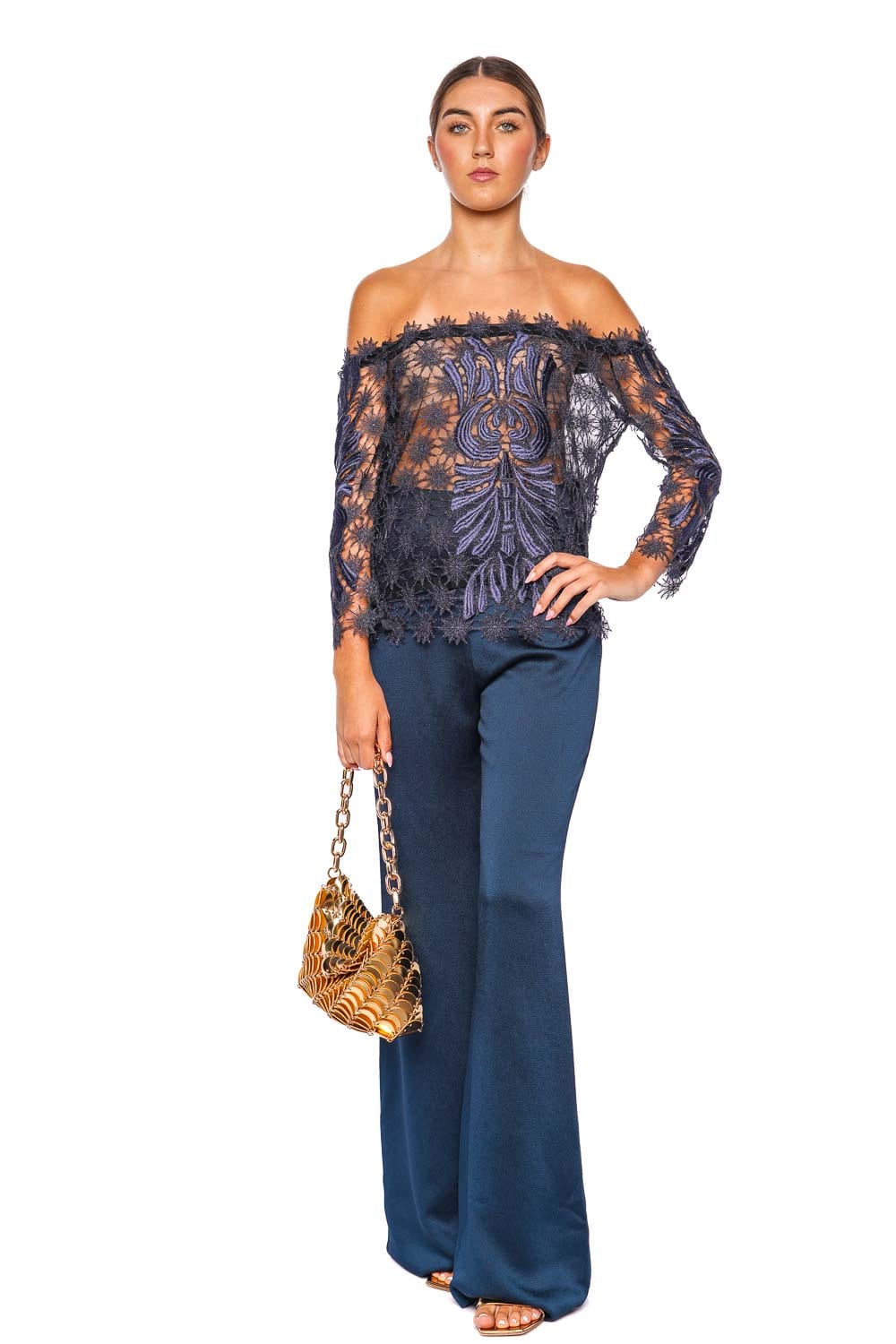 Silvia Tcherassi Palermo Navy Satin Flared Pant