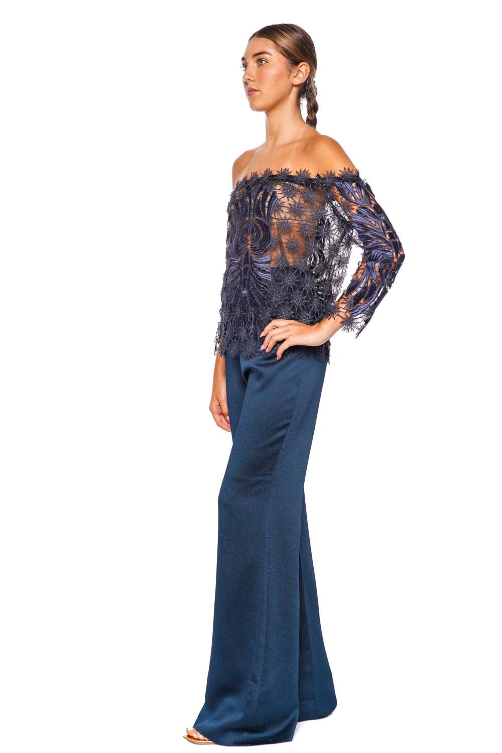 Silvia Tcherassi Palermo Navy Satin Flared Pant