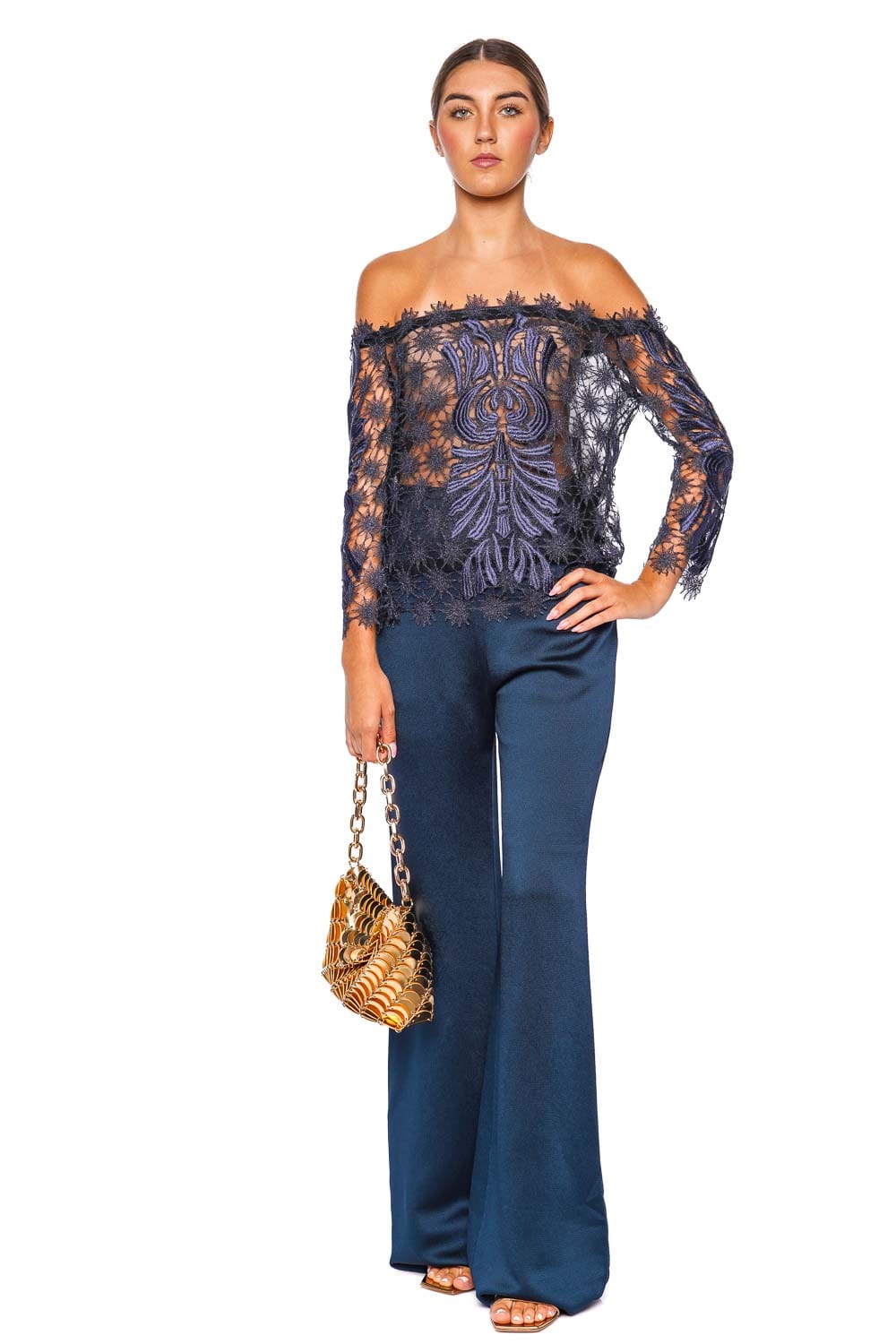 Silvia Tcherassi Lala Navy Off Shoulder Lace Top