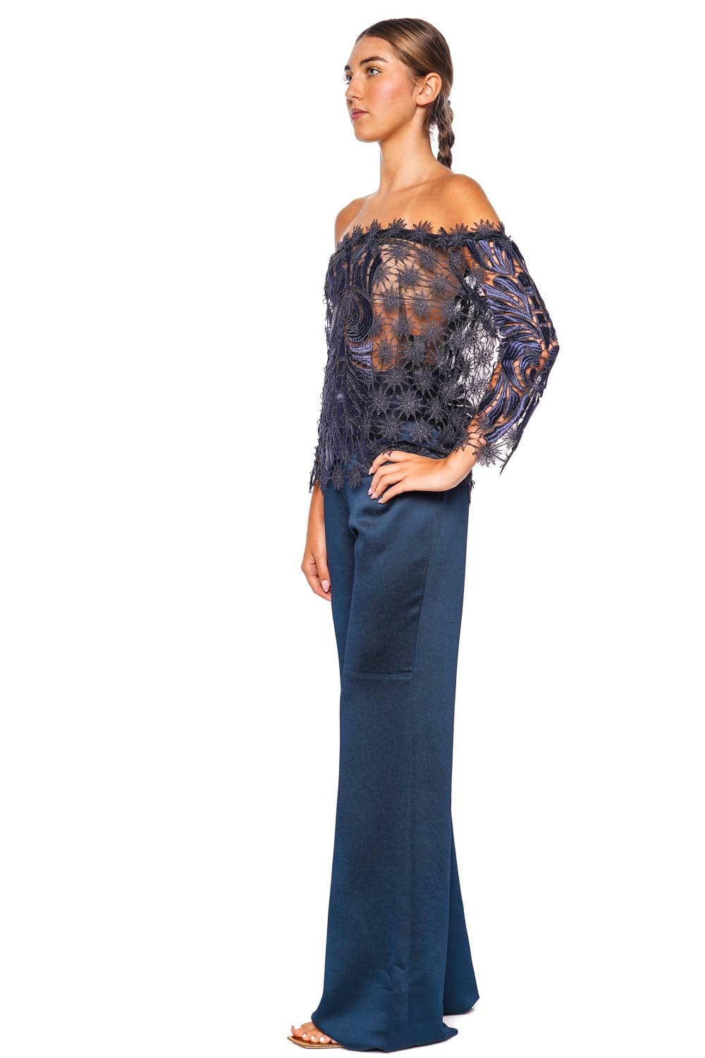 Silvia Tcherassi Lala Navy Off Shoulder Lace Top