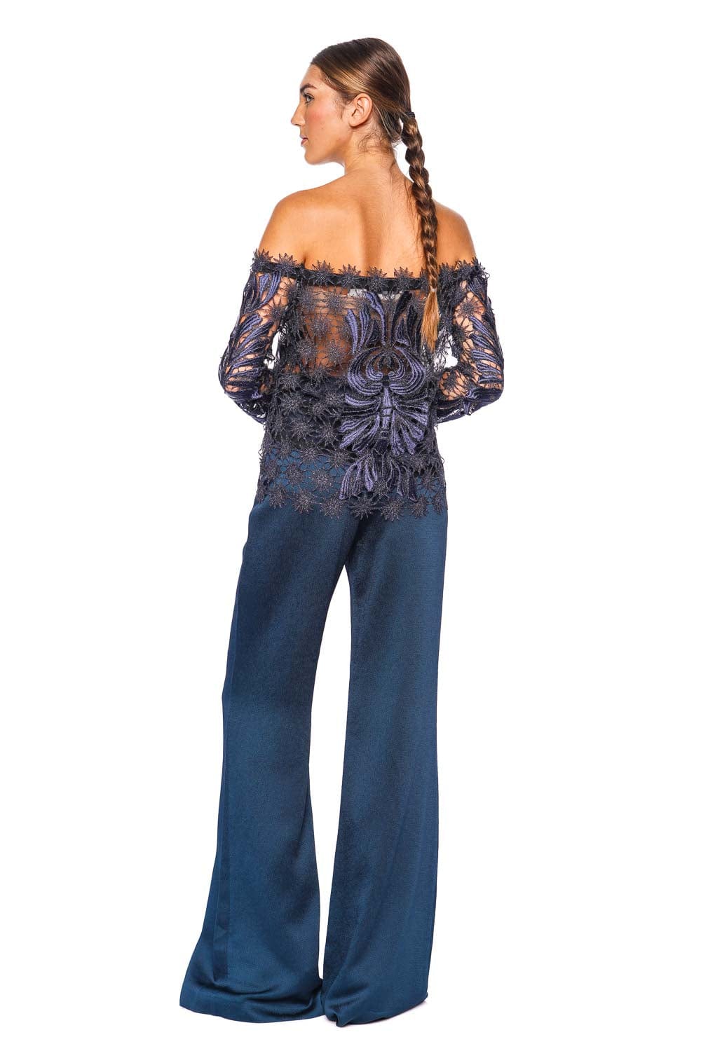 Silvia Tcherassi Lala Navy Off Shoulder Lace Top