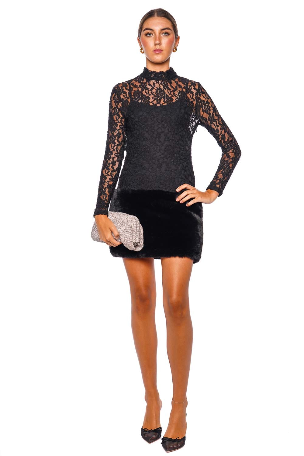 Leslie Amon Maya Black Lace Combo Mini Dress