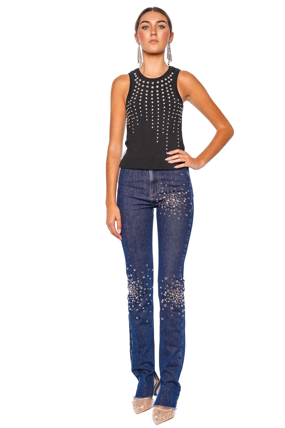 DES_PHEMMES Crystal Embellished Ribbed Knit Tank