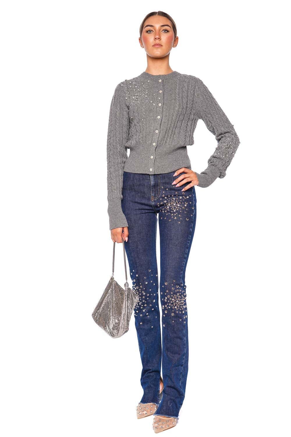 DES_PHEMMES Crystal Embellished Cable-Knit Cardigan