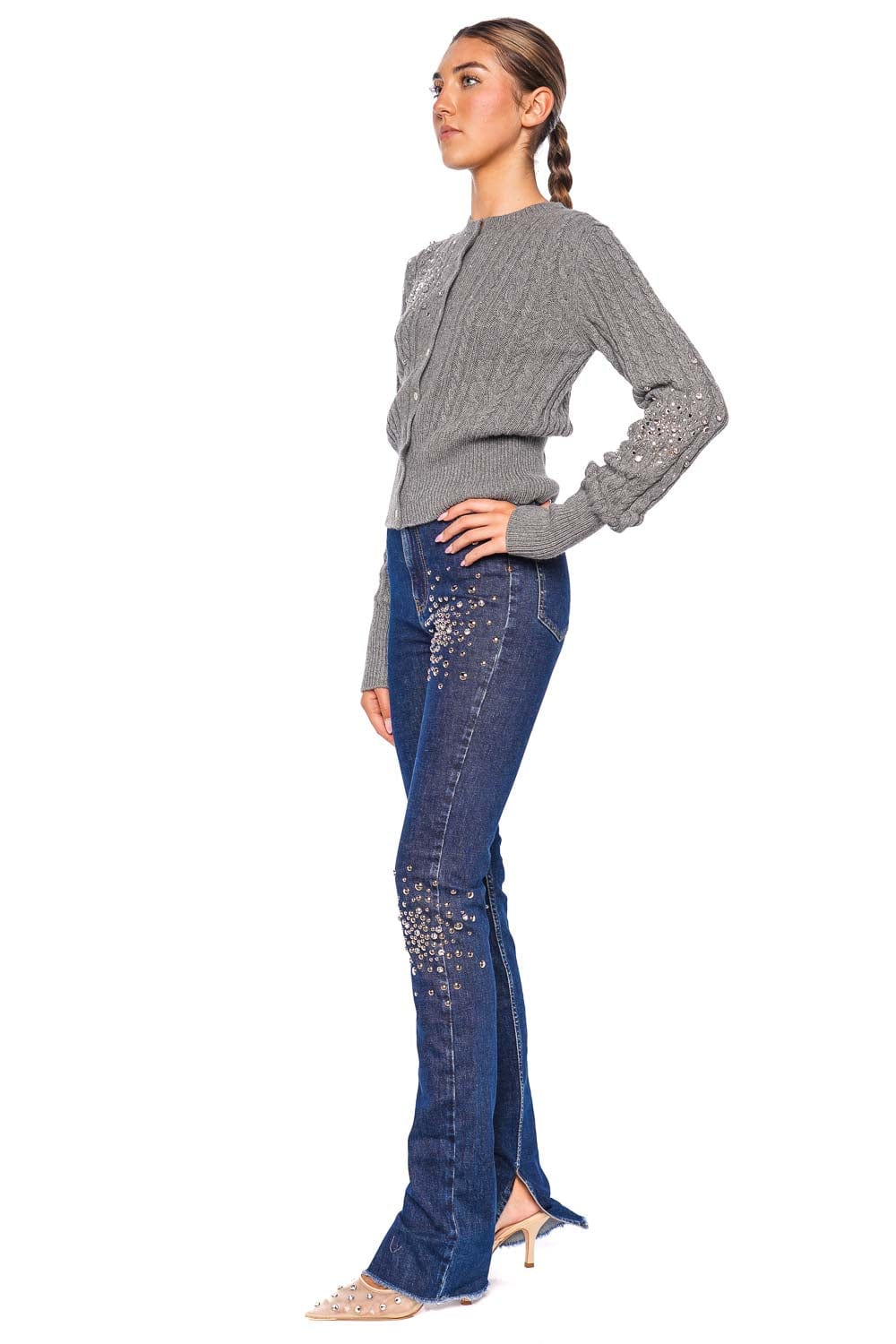 DES_PHEMMES Crystal Embellished Cable-Knit Cardigan