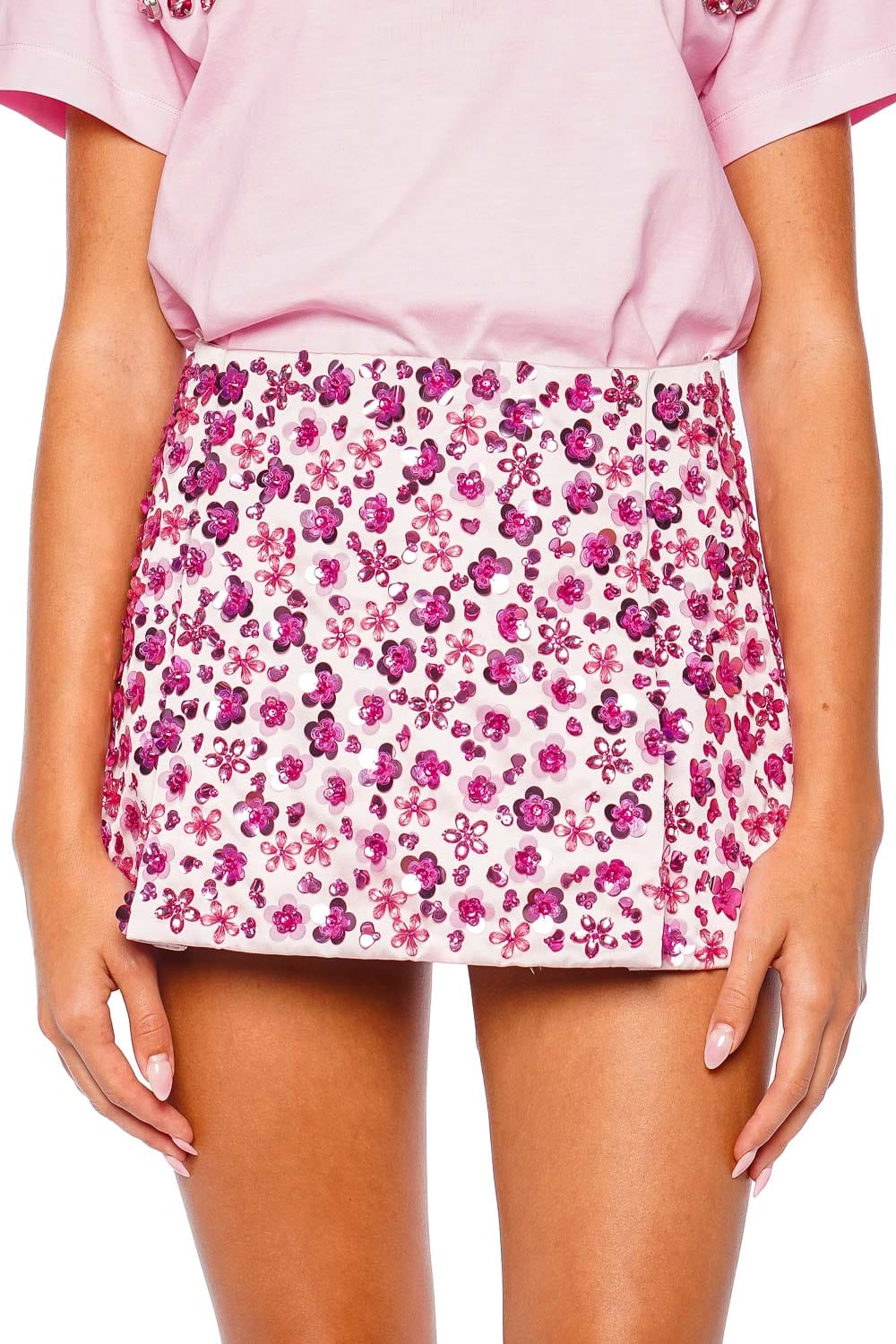 DES_PHEMMES Pink Embellished College Mini Skirt