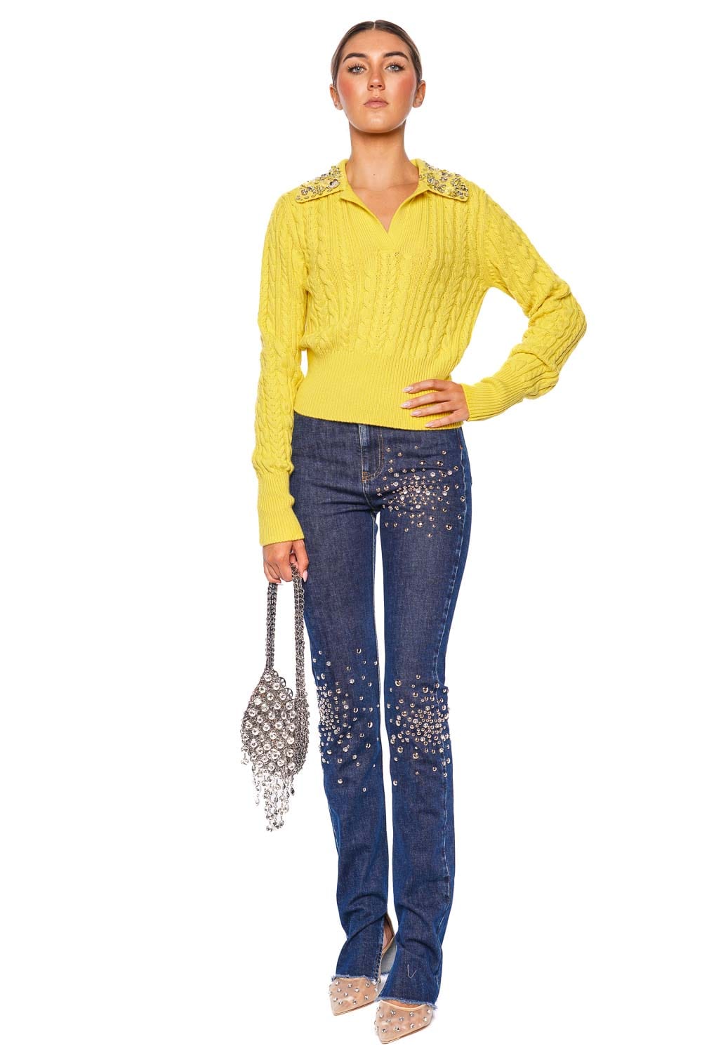 DES_PHEMMES Crystal Embellished Cable Knit Polo Sweater