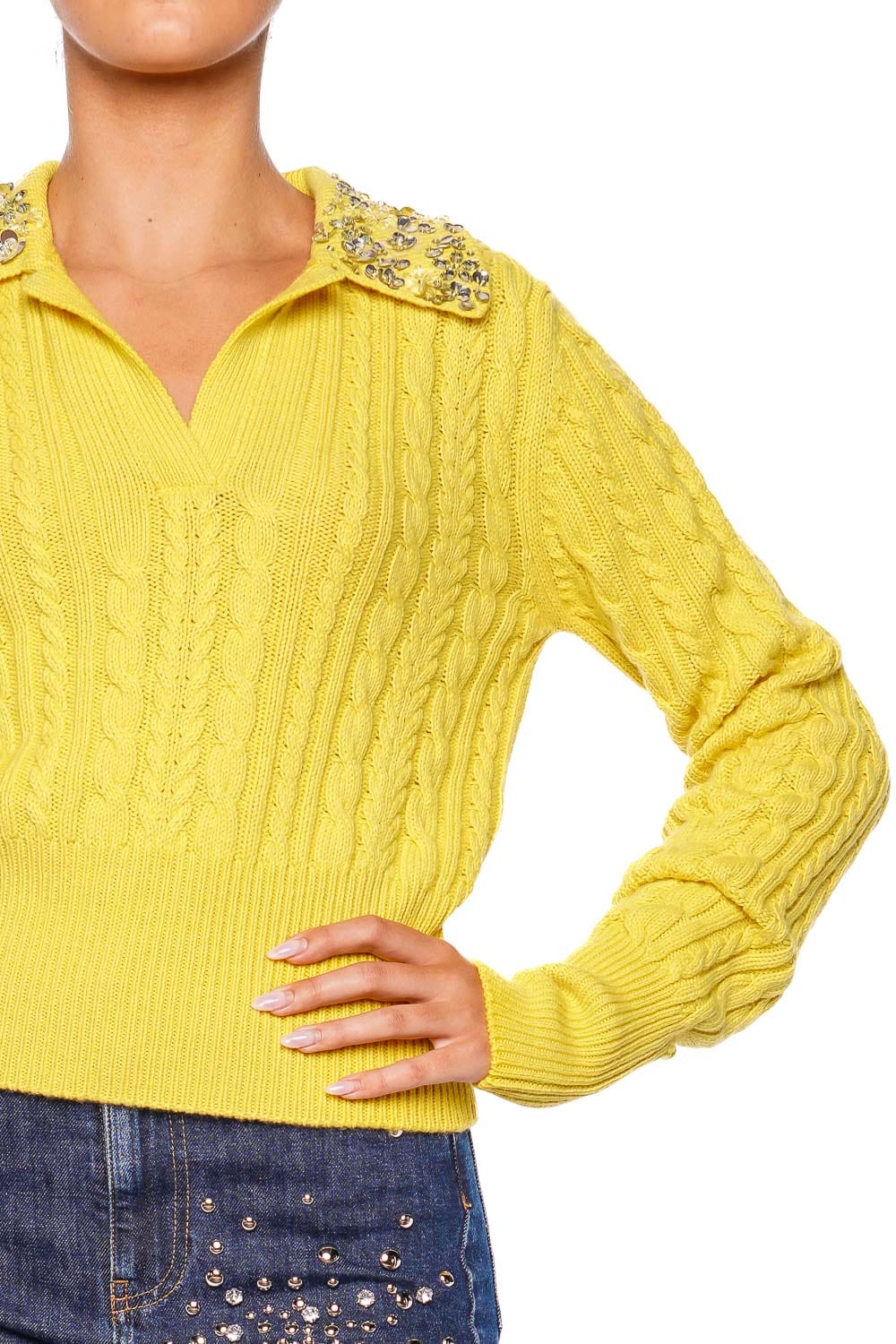 DES_PHEMMES Crystal Embellished Cable Knit Polo Sweater