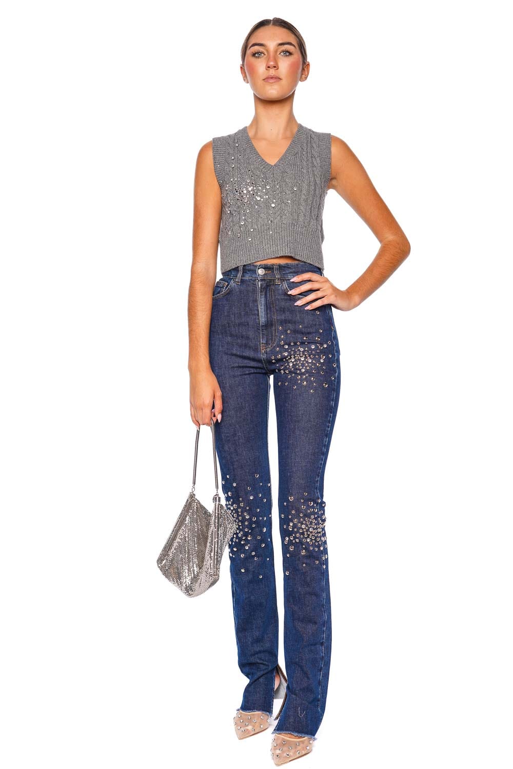 DES_PHEMMES Embellished Cropped Cable Knit Vest