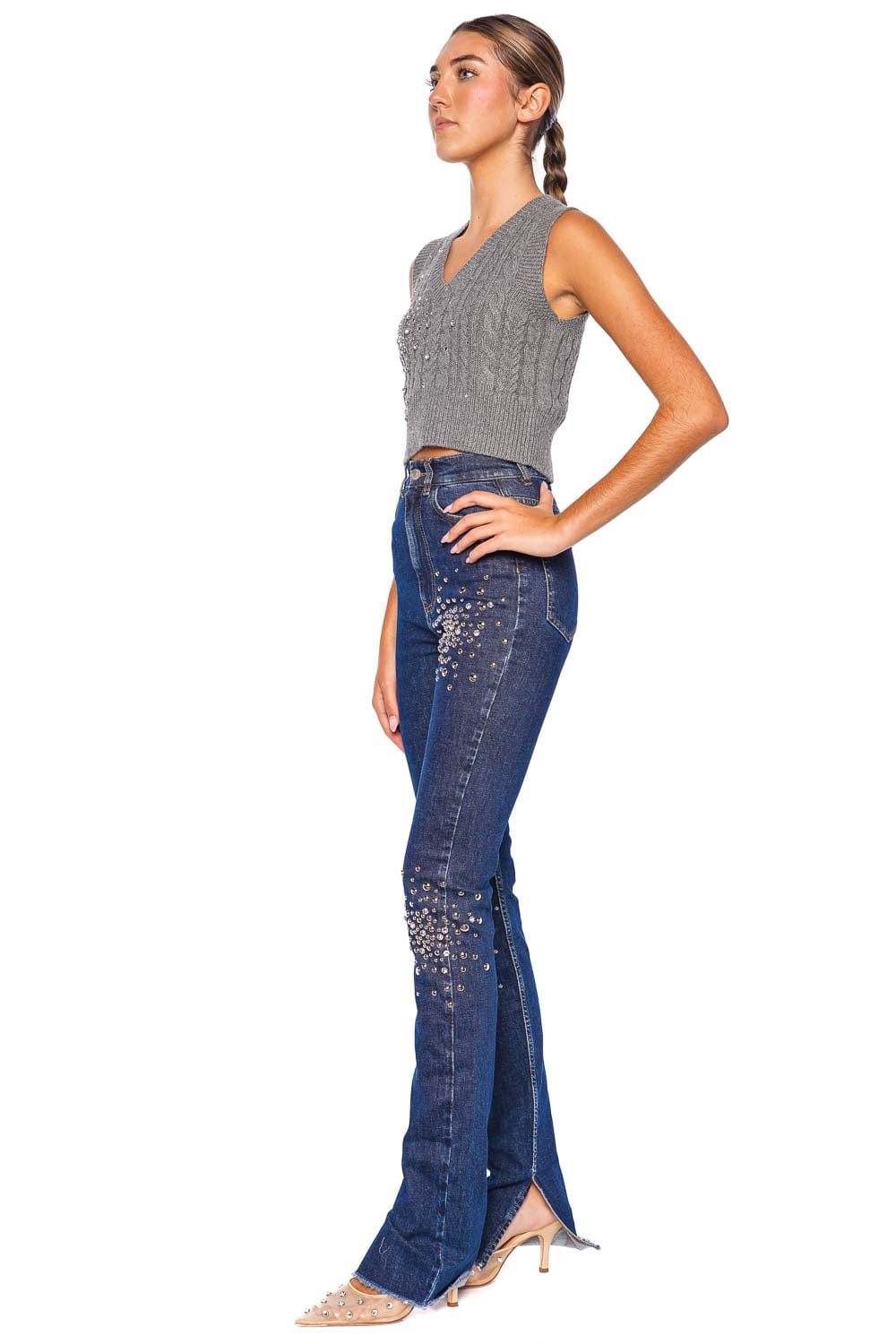 DES_PHEMMES Embellished Cropped Cable Knit Vest