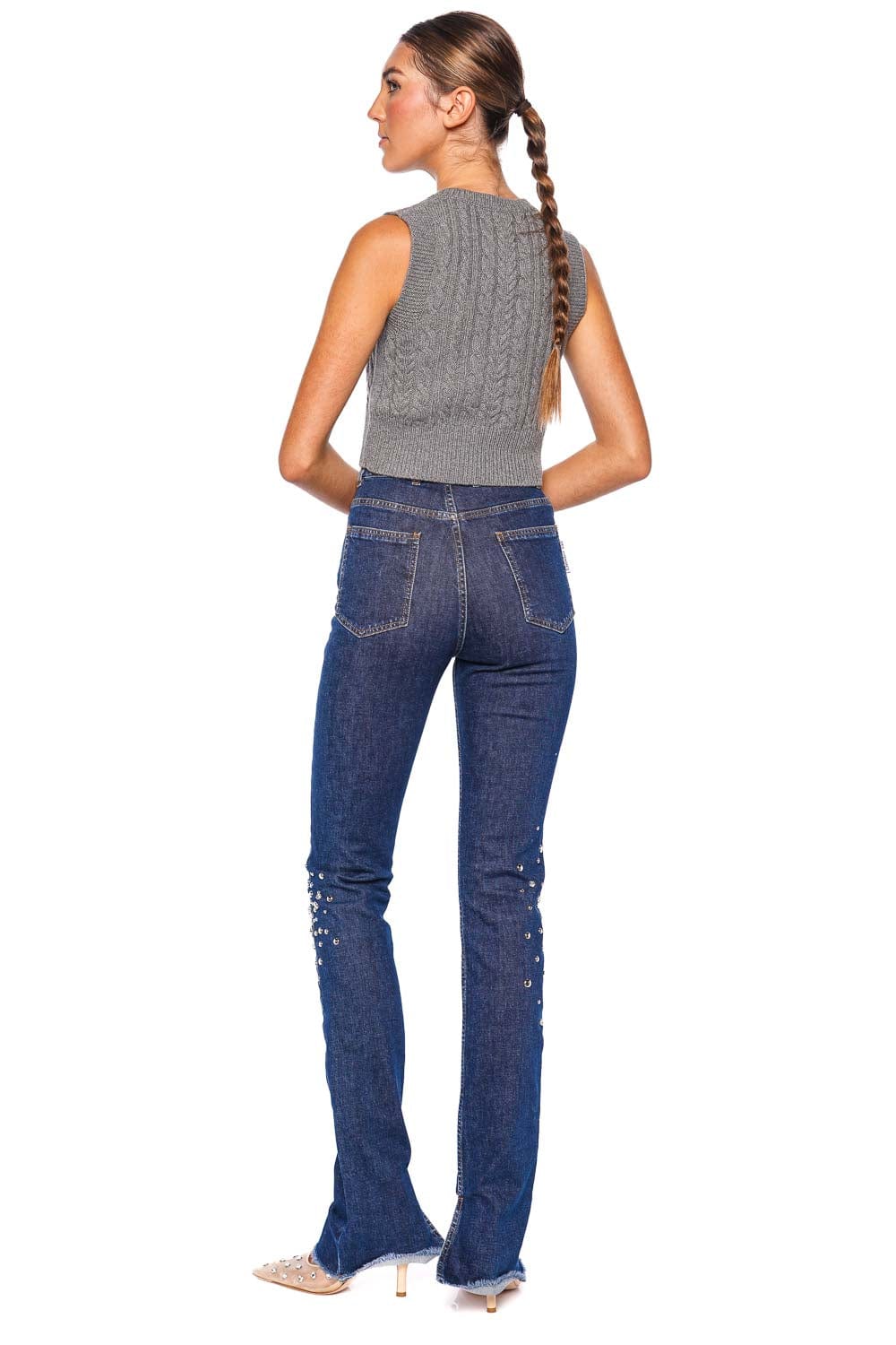 DES_PHEMMES Embellished Cropped Cable Knit Vest