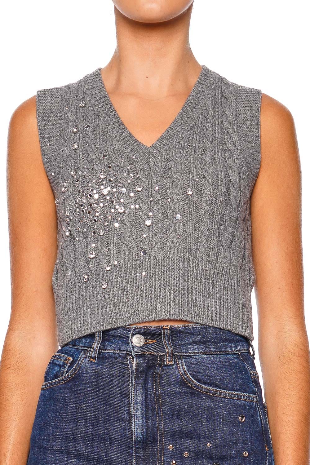 DES_PHEMMES Embellished Cropped Cable Knit Vest