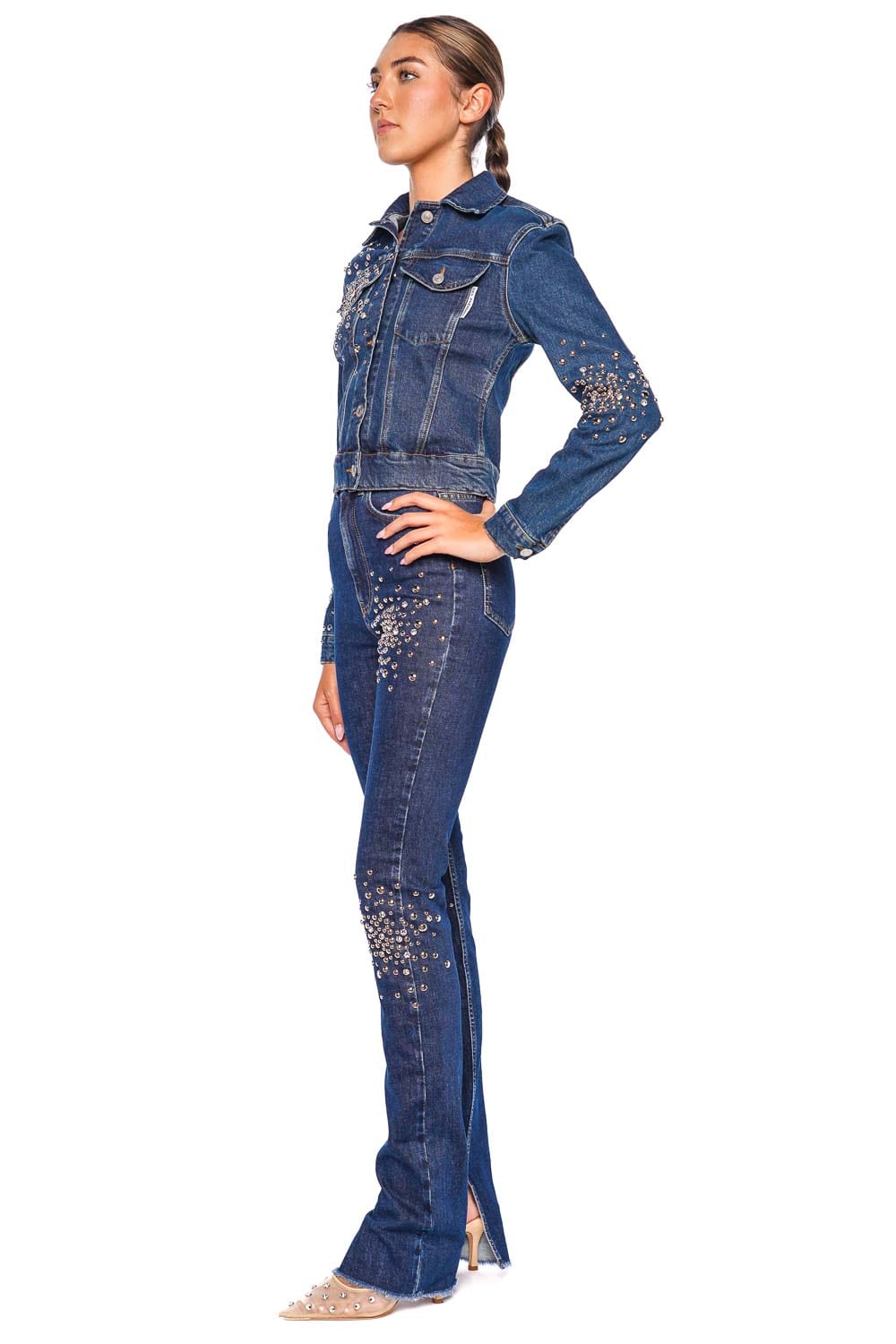 DES_PHEMMES Crystal Embellished Side Slit Skinny Jean