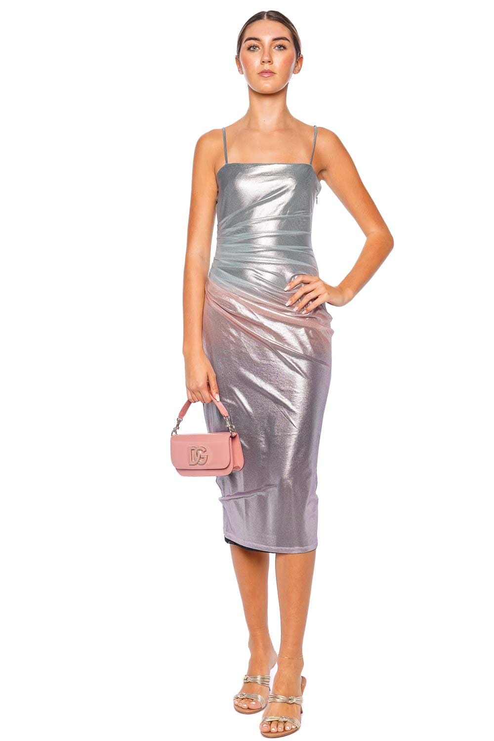 Fleur Du Mal Metallic Ombre Mesh Ruched Midi Dress