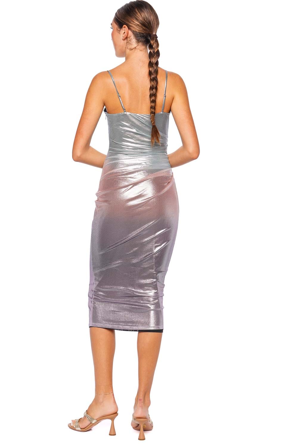 Fleur Du Mal Metallic Ombre Mesh Ruched Midi Dress