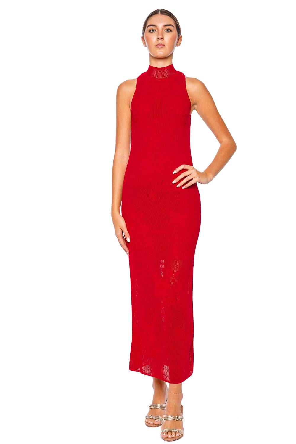 Fleur Du Mal Red Lace Pointelle Knit Midi Dress