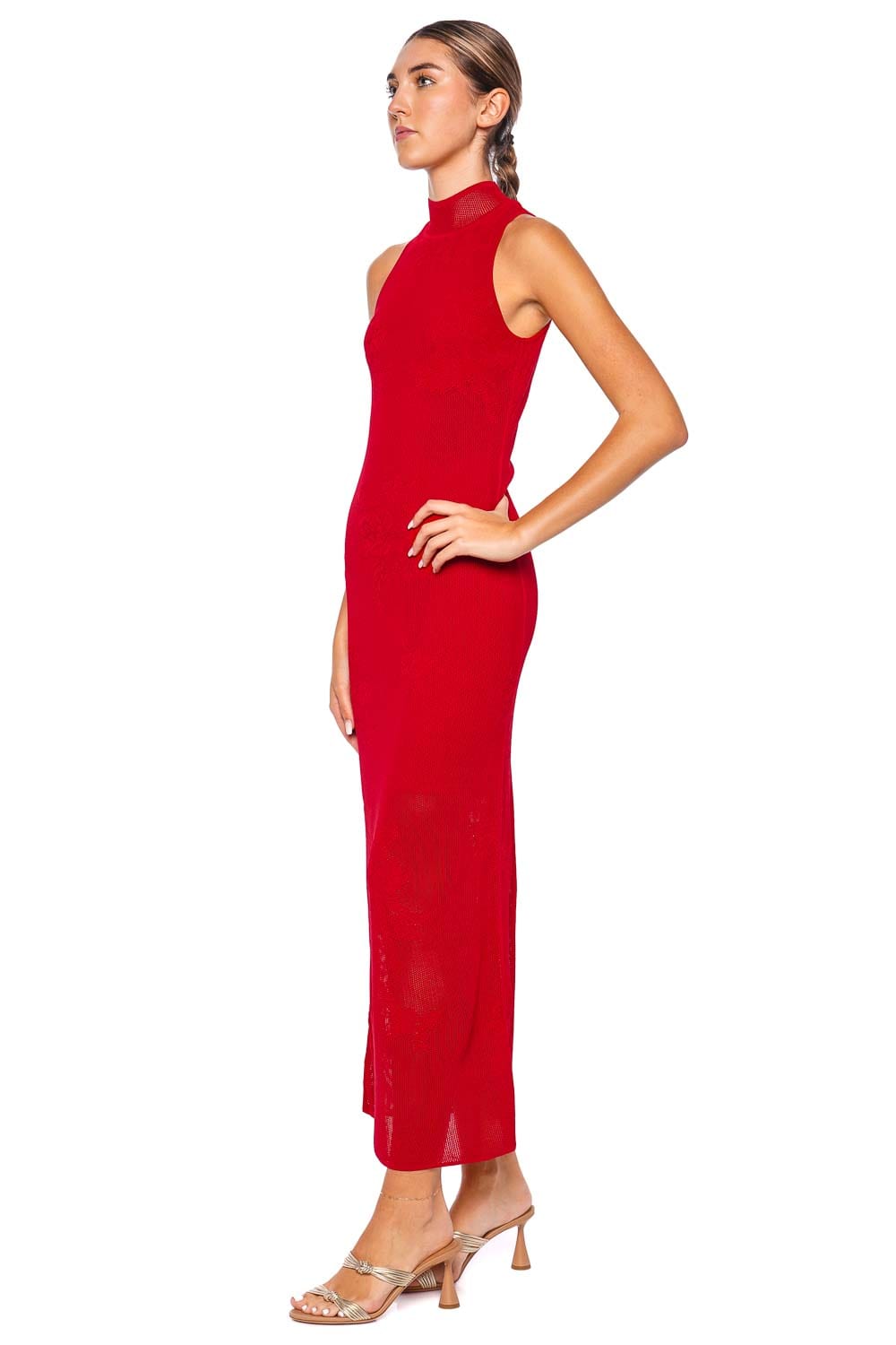 Fleur Du Mal Red Lace Pointelle Knit Midi Dress