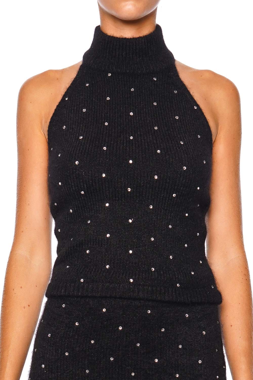 Fleur Du Mal Rhinestone Cashmere Knit Halter Turtleneck