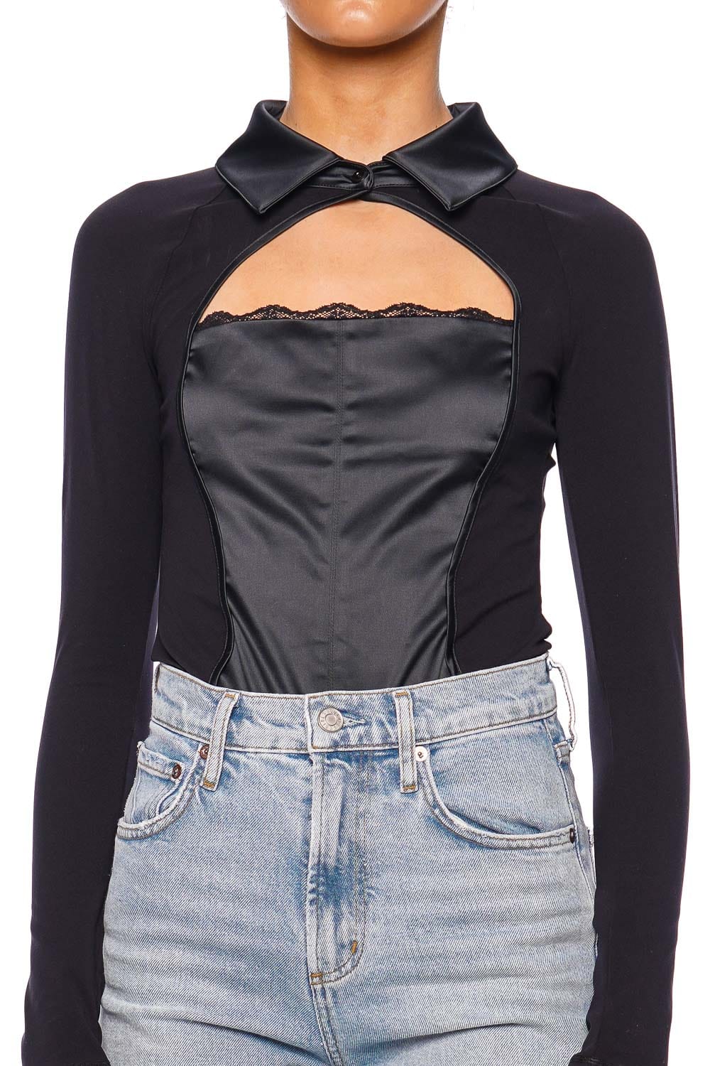 Fleur Du Mal Stretch Satin Long Sleeve Bodysuit MARIA BS0449 Black