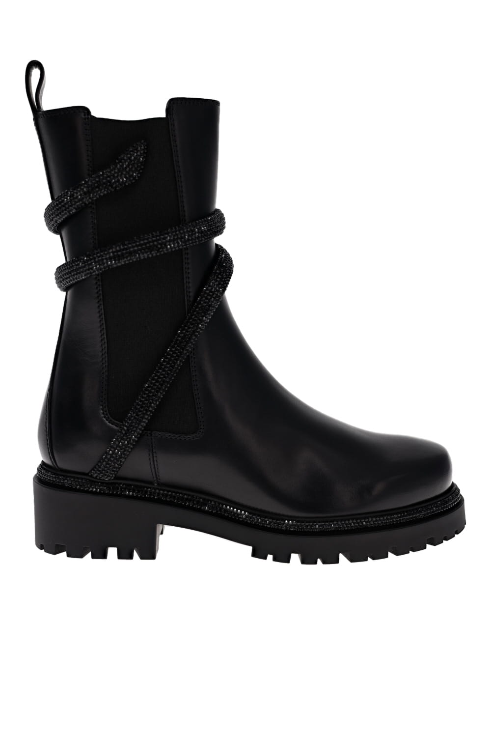 RENE CAOVILLA Black Jet Crystal Leather Biker Boot