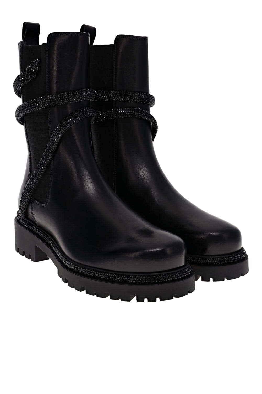 RENE CAOVILLA Black Jet Crystal Leather Biker Boot