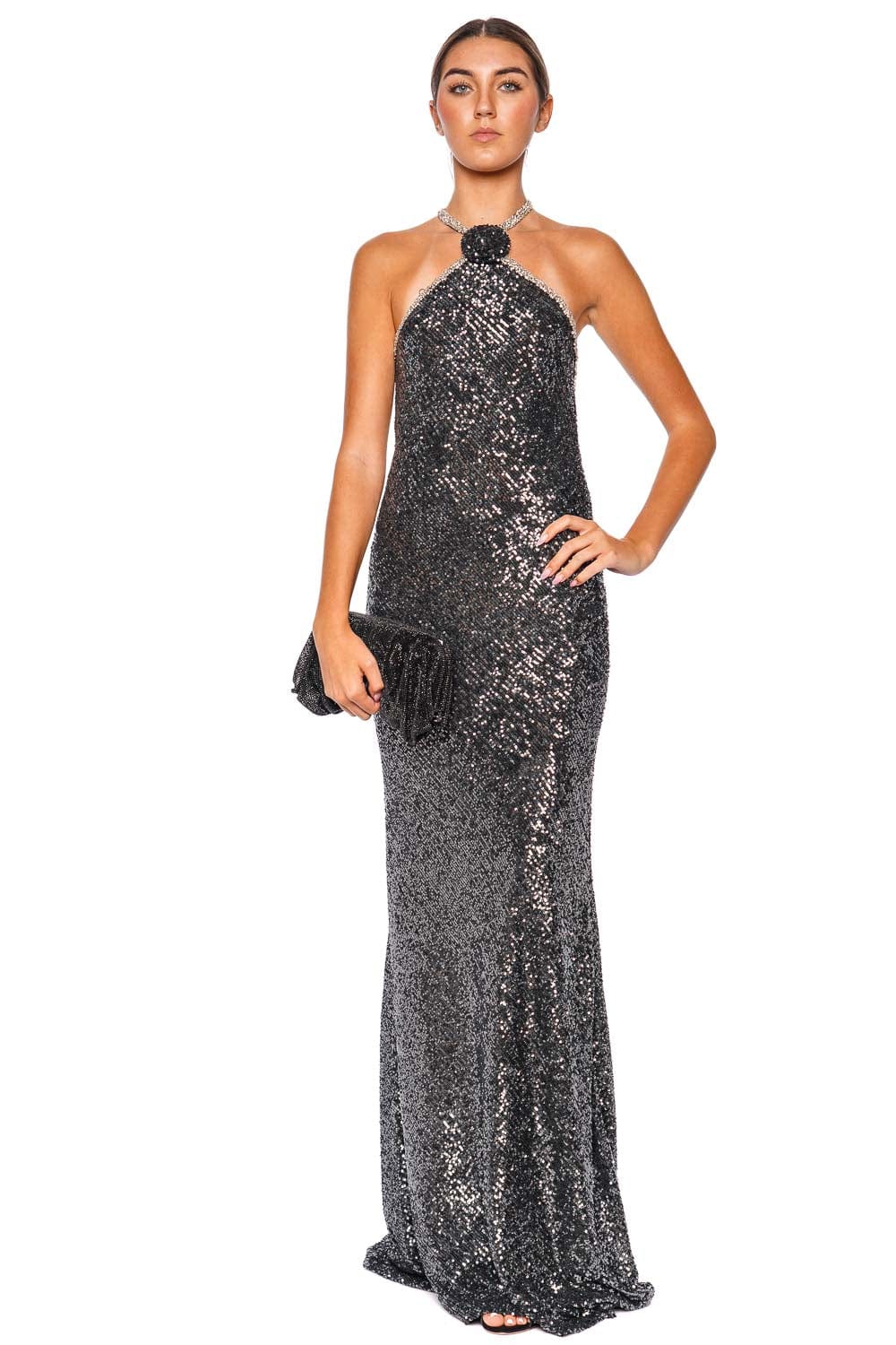 Naeem Khan Colette Gunmetal Sequin Halter Gown