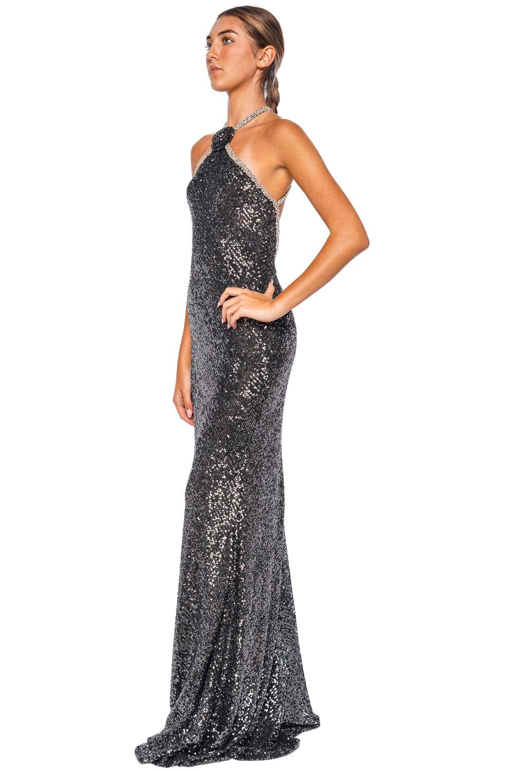 Naeem Khan Colette Gunmetal Sequin Halter Gown