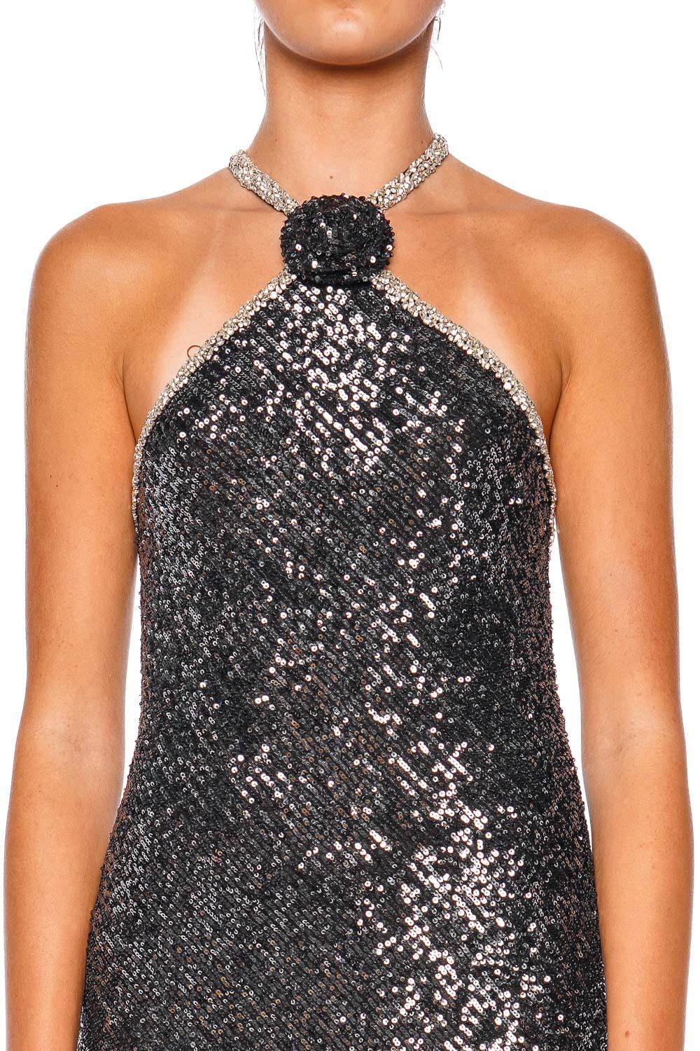 Naeem Khan Colette Gunmetal Sequin Halter Gown