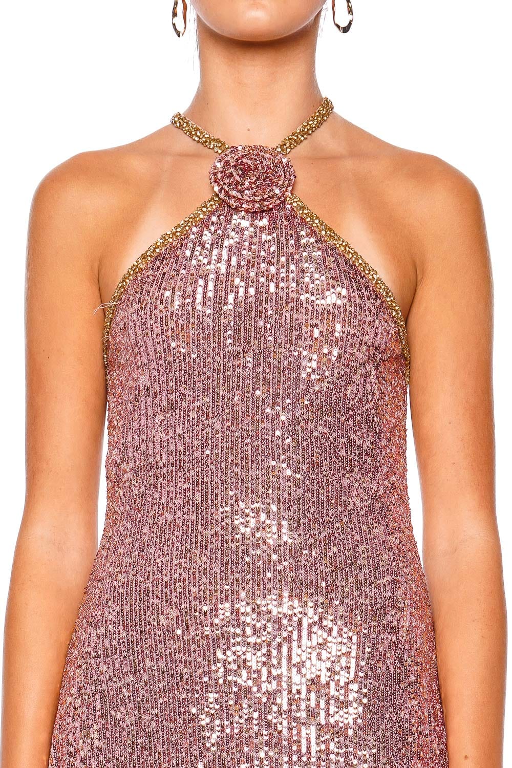 Naeem Khan Cécile Rose Gold Sequin Halter Mini Dress