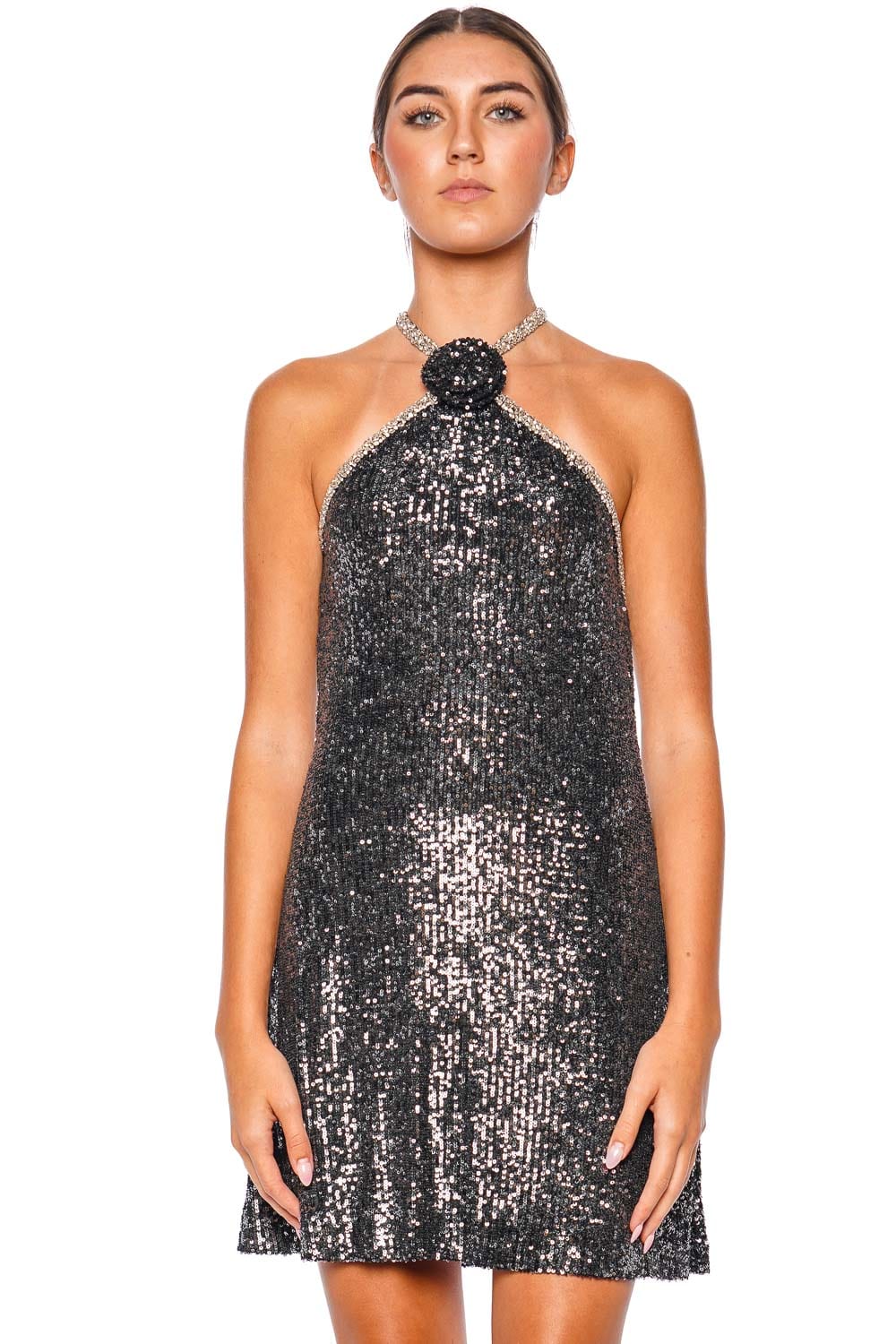 Naeem Khan Cécile Gunmetal Sequin Halter Mini Dress