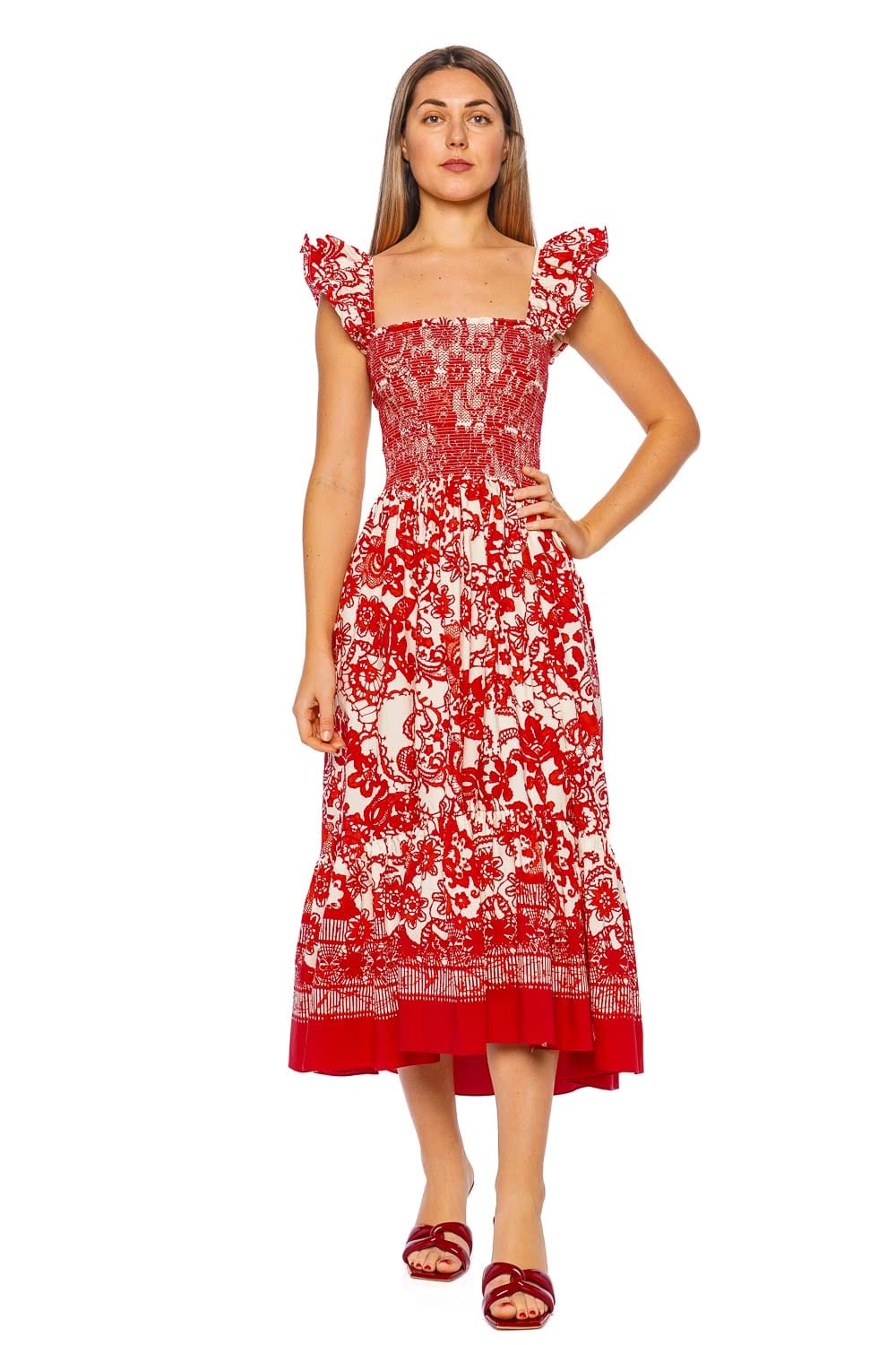 Cara Cara Ruby Coral Smocked Cotton Midi Dress