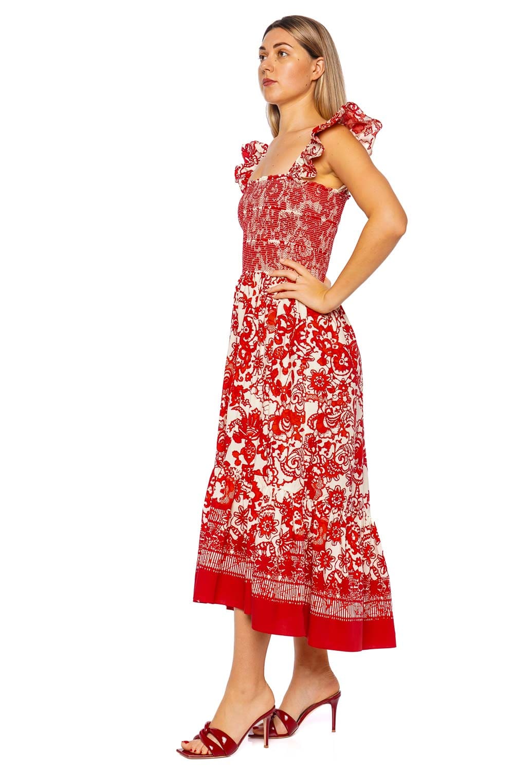 Cara Cara Ruby Coral Smocked Cotton Midi Dress