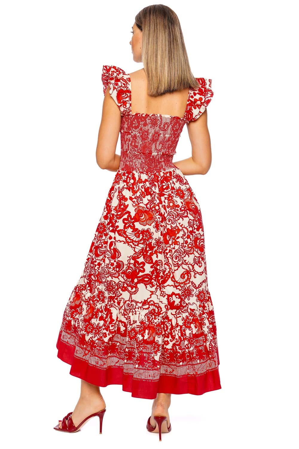 Cara Cara Ruby Coral Smocked Cotton Midi Dress