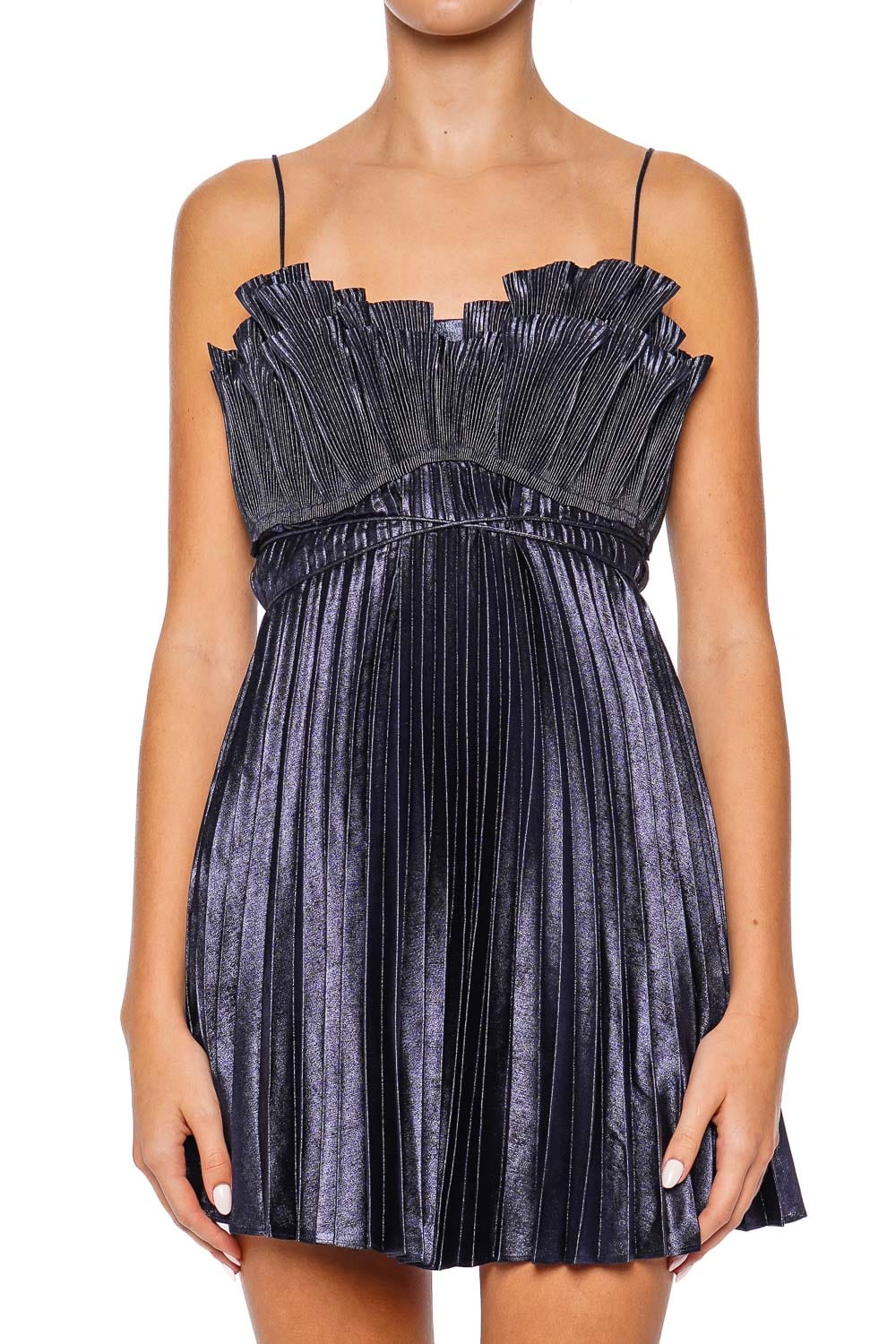 Acler Pithill Navy Metallic Pleated Mini Dress