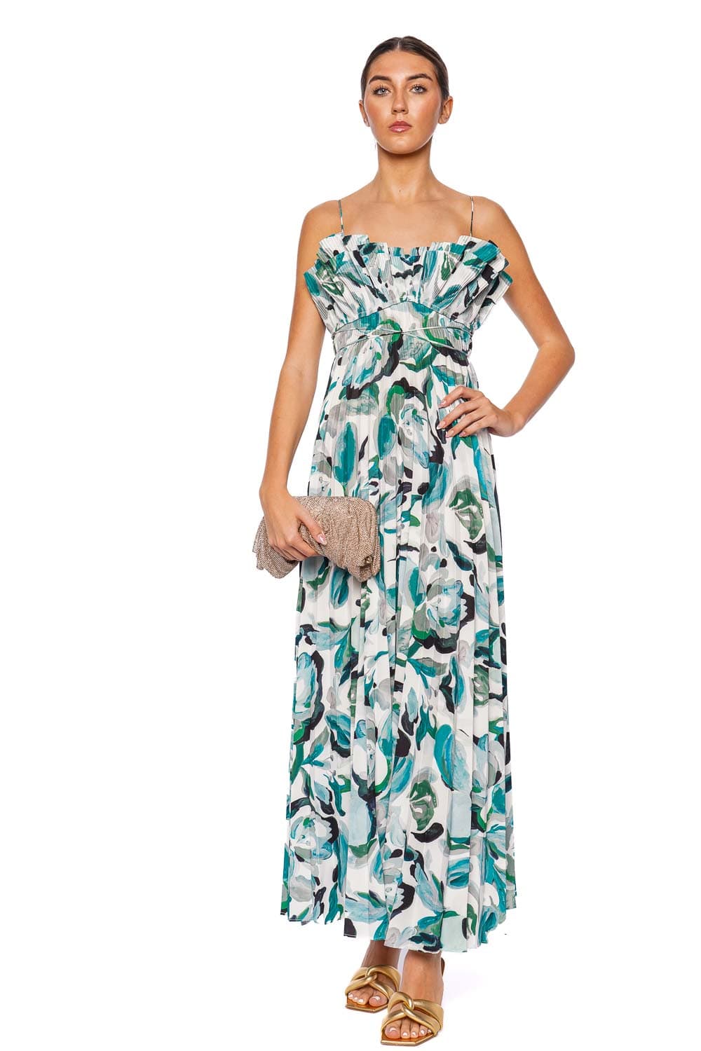 Acler Sanna Teal Grove Pleated Maxi Dress