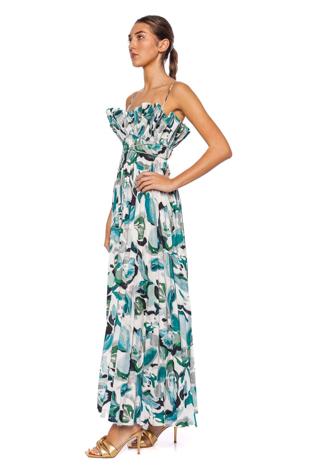 Acler Sanna Teal Grove Pleated Maxi Dress