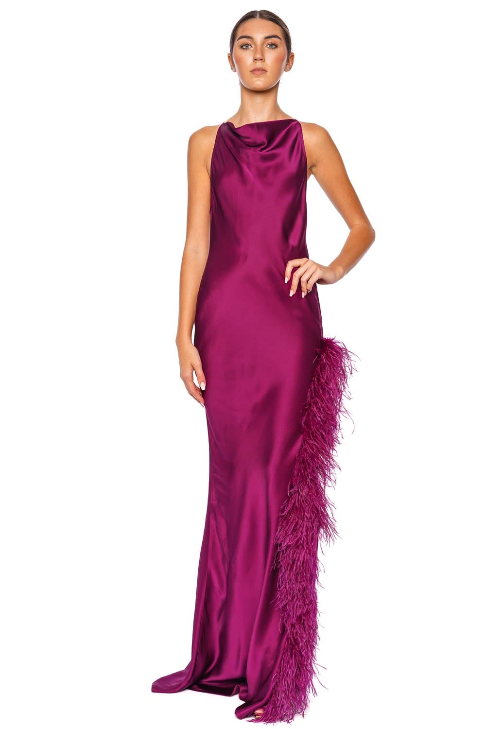 LAPOINTE Berry Feather Trim Satin Halter Gown