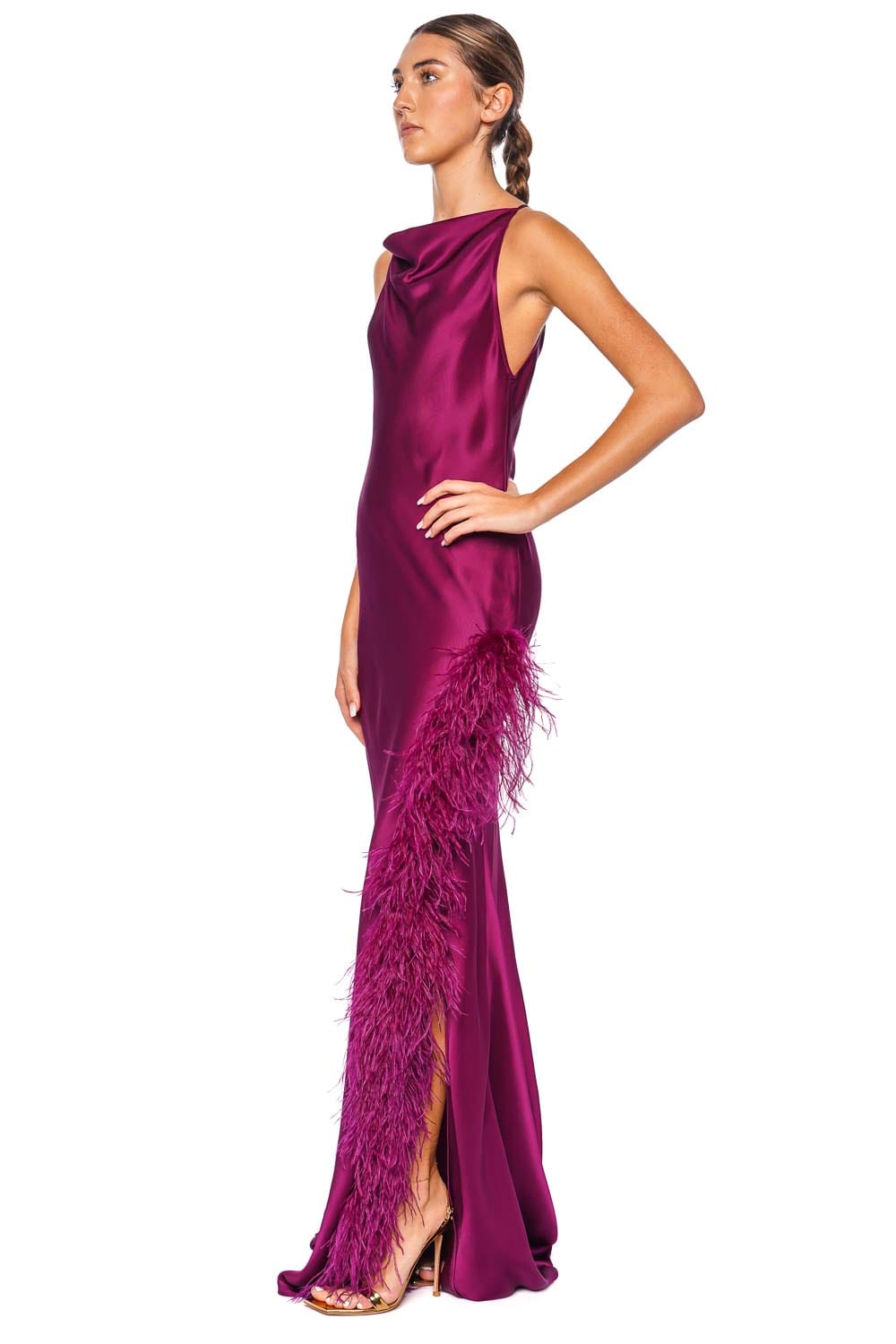 LAPOINTE Berry Feather Trim Satin Halter Gown