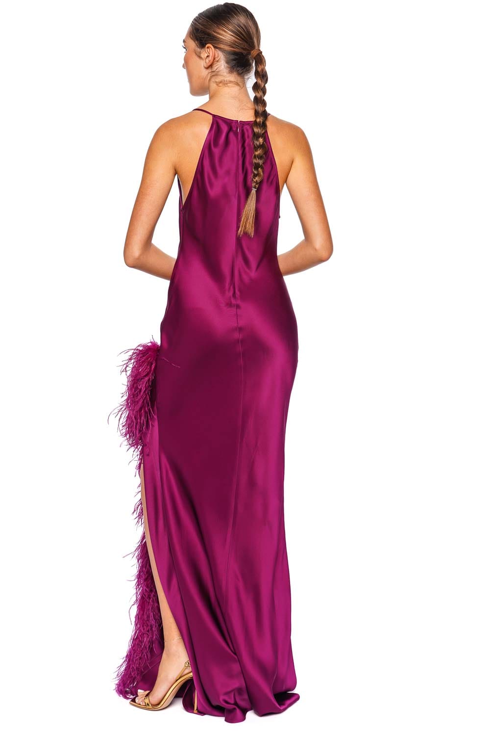 LAPOINTE Berry Feather Trim Satin Halter Gown