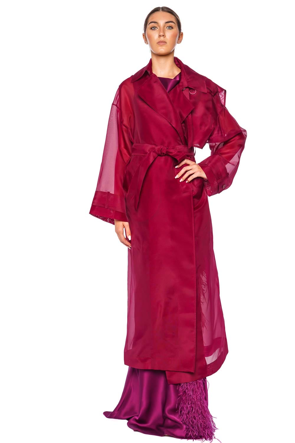 Berry Silk Organza Belted Trench Coat Berry Silk Organza Belted Trench Coat