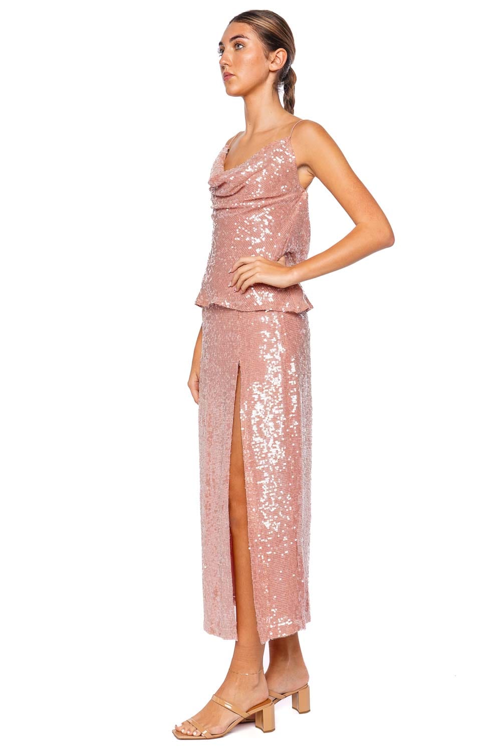 LAPOINTE Dusty Pink Sequin Embroidered Midi Skirt