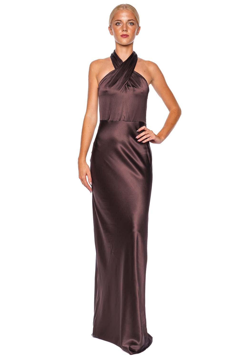 Veronica Beard Alberta Chocolate Silk Halter Maxi Dress