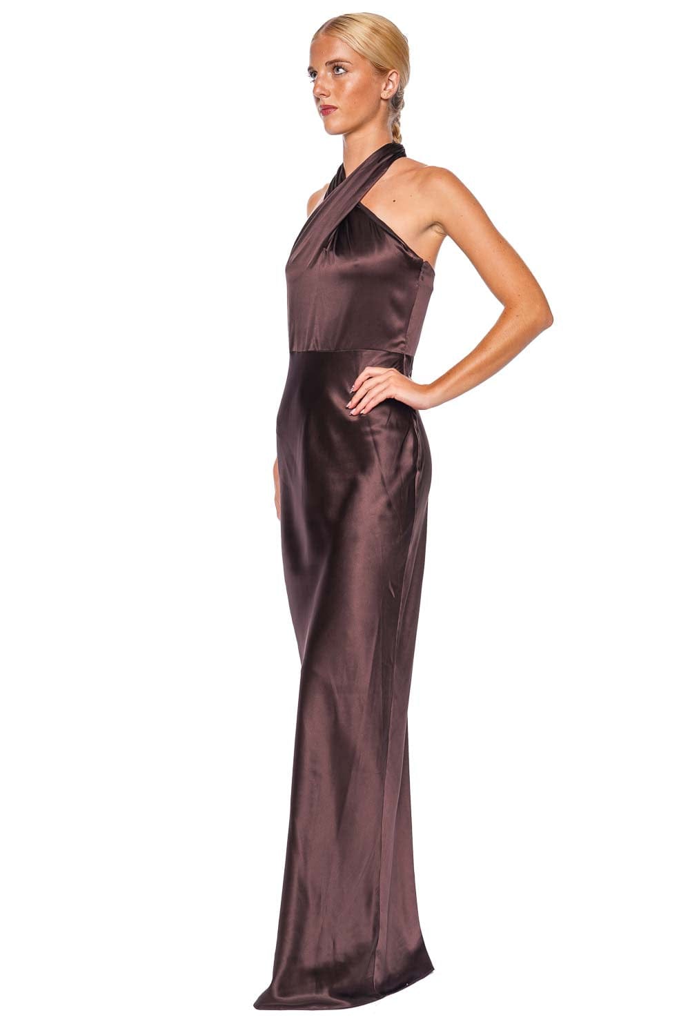 Veronica Beard Alberta Chocolate Silk Halter Maxi Dress