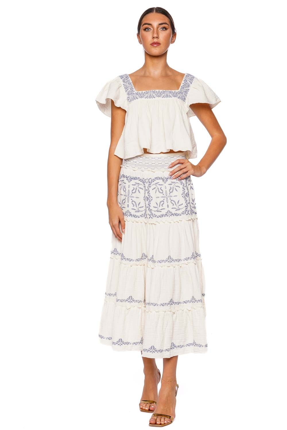 MISA LOS ANGELES Lahar Embroidered Cotton Midi Skirt