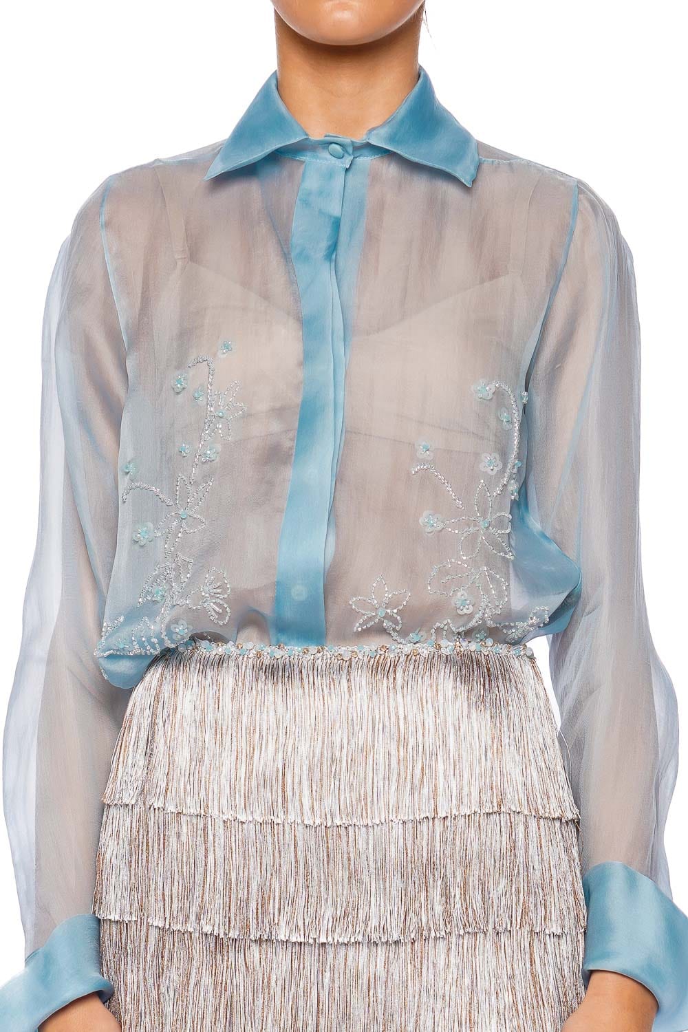 Aster Blue Embroidered Silk Organza Blouse