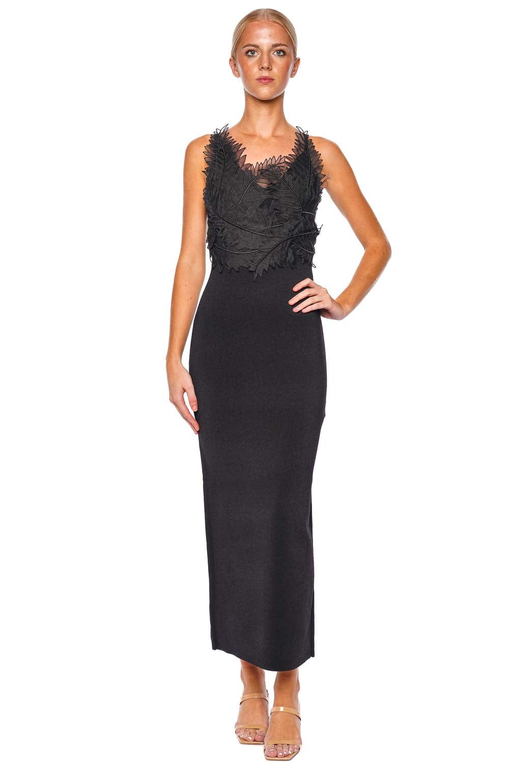 Aje. Wilder Black Palm Knit Maxi Dress