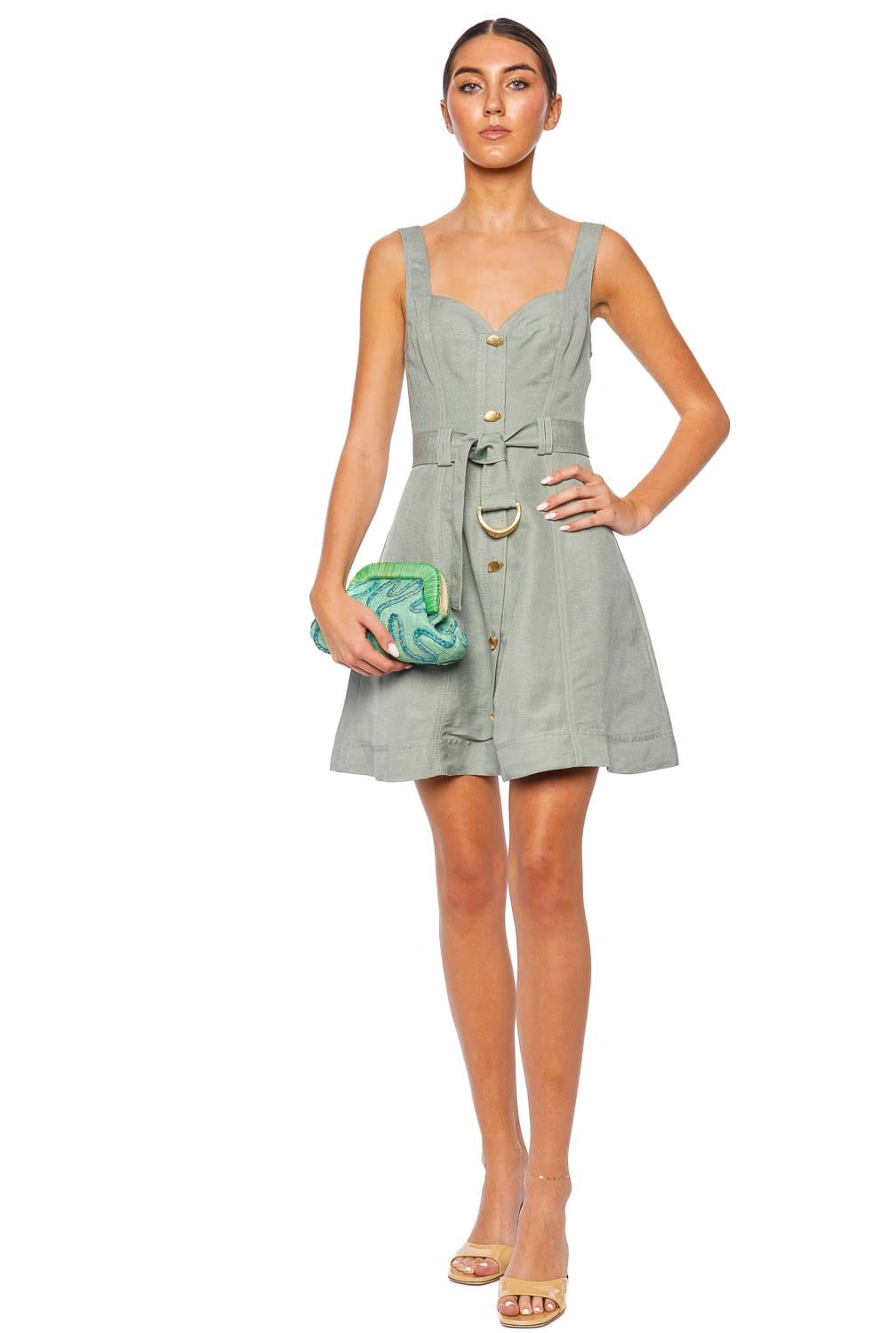 Aje. Clay Willow Green Belted Mini Dress