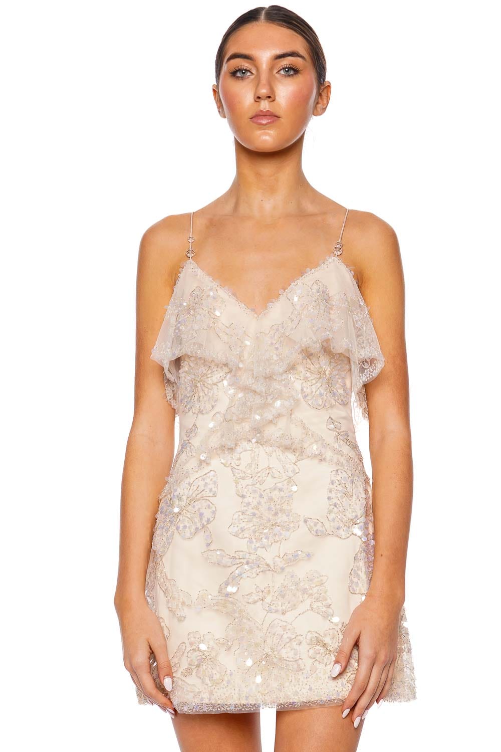 Aje. Iridescence Sequin Tulle Ruffled mini Dress